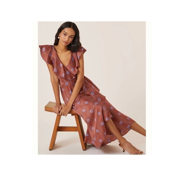 NWT BY ANTHROPOLOGIE Ruffle Sleeve Printed Wrap Maxi Dress Mauve XS - Picture 2 of 9